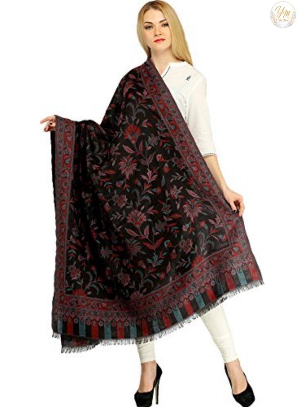 Reversible Jamawar Wool Shawl Woven Floral Wrap 6.6 ft Warm Winter